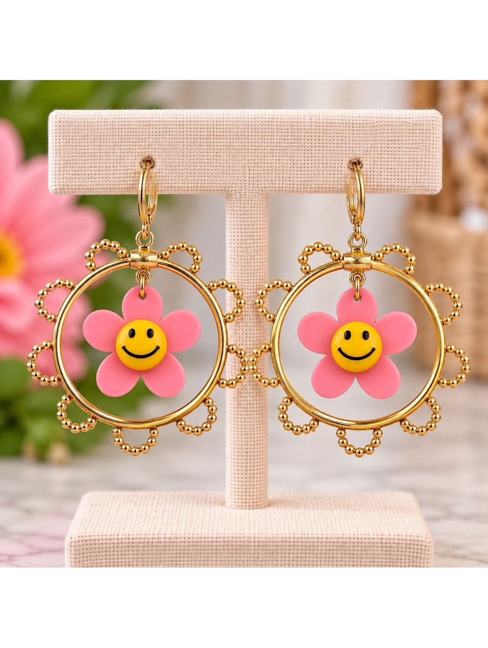 New Girl Smiley Face Pink Flower Hoop Earrings Gold-Tone Pink Ladies A0001376